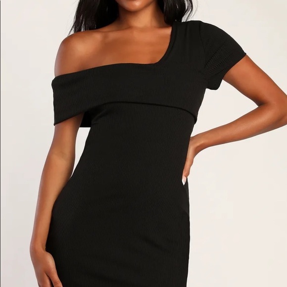 Black Ribbed One-Shoulder Bodycon Mini Dress - Picture 2 of 5